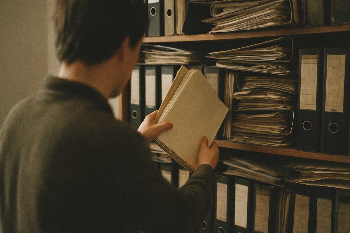 Une personne cherche un document dans une étagère de classeurs